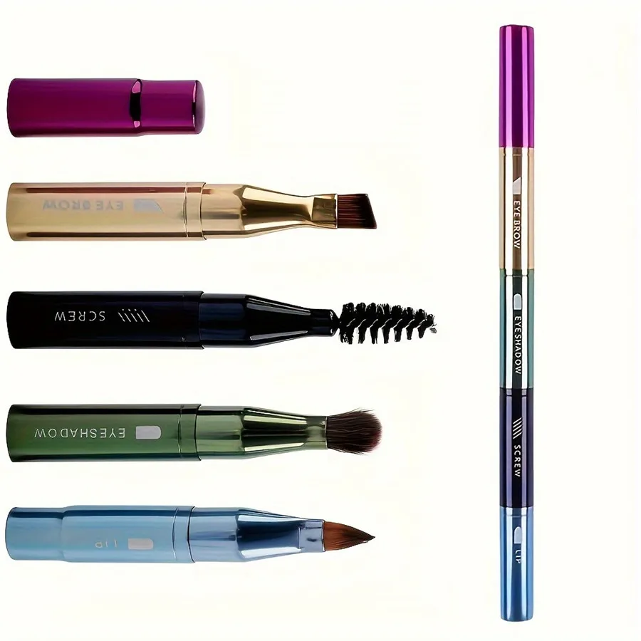 مجموعة فرش مكياج محمولة 4 في 1، فرش للحواجب والشفاه بمقبض معدني مع أدوات تطبيق الرموش وظلال العيون، مناسبة للسفر