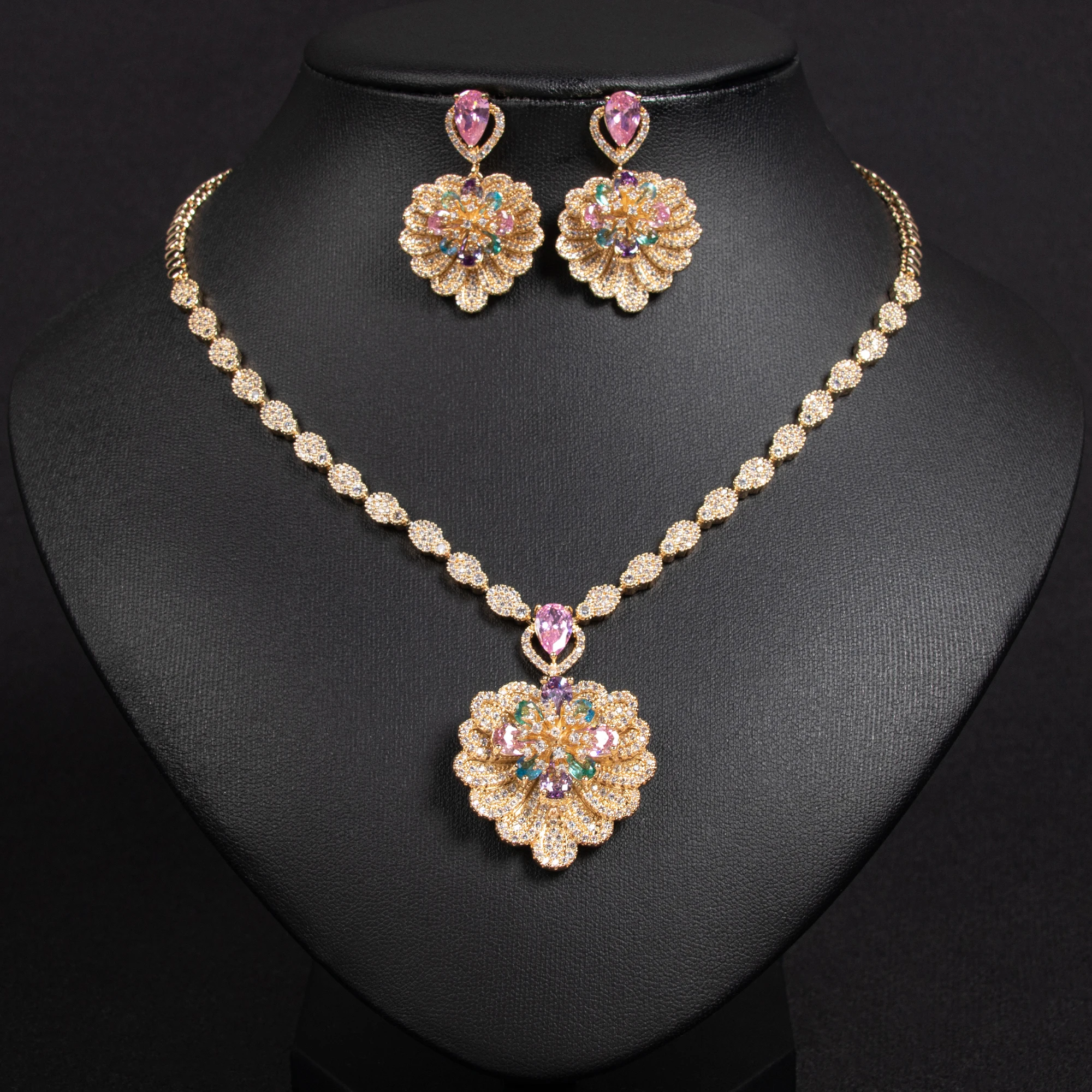 Heart shaped flower shaped cubic zirconia necklace earring set for women's holiday gifts and parties