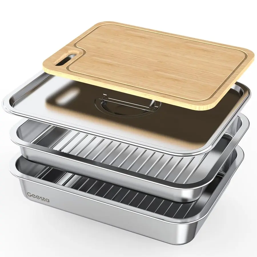 

Grilling Prep and Serve Tays, Stainless Steel Large Capacity Food Prep Tray, Grill Carry System, Marinade Container with Lid and