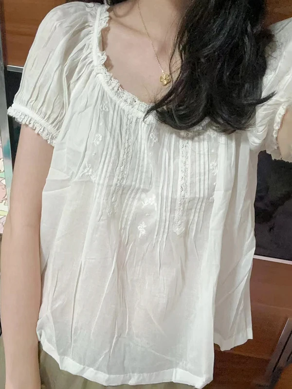 

Романтический топ с кружевной отделкой и цветочной вышивкой, большой круглый топ из смеси хлопка Ne, лето 202, женский повседневный удобный свободный крой irt