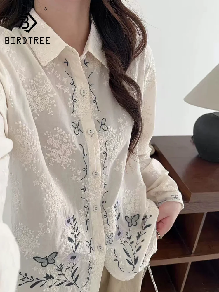 New 2026 Autumn Women Cotton Long Sleeve Shirt, Turn-down Collar Embroidery, Mori Girl French Sweet Chic Loose Blouse T69451CC