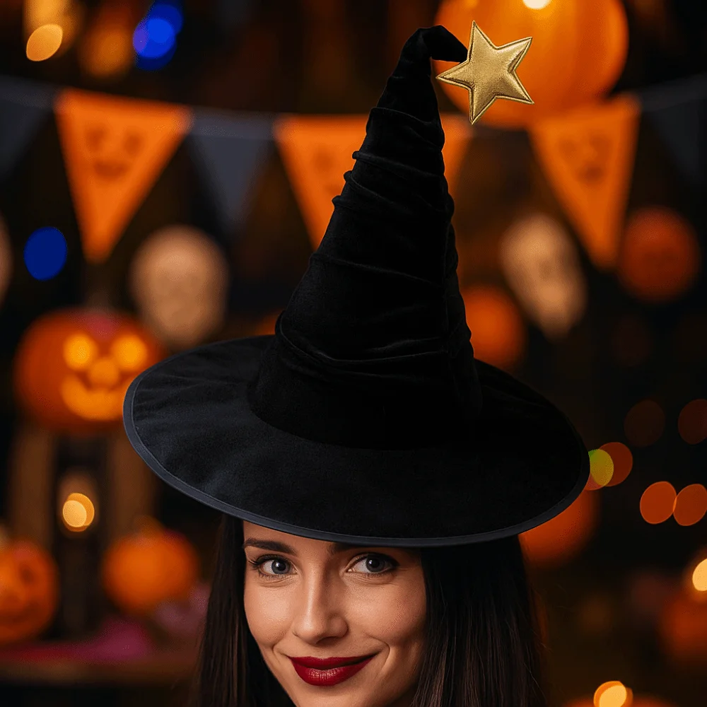 الدعامة زخرفة المخملية هالوين قبعة الساحرة طوي ستار معالج قبعة تأثيري اكسسوارات الدعائم الطرف قبعة الهالوين الأطفال #3