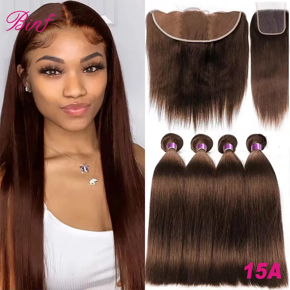 BINF 28 30 32 #4 Colored Brown Straight Bundles With Closure &Frontal 100% Virgin Human Hair Bundles With 4x4 Closure Preplucked