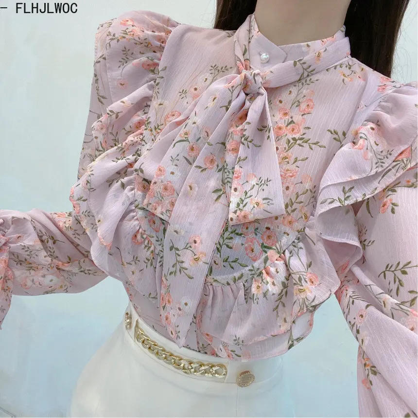 Vintage Basic Shirts Long Sleeve Single Breasted Button Cute Sweet Bow Tie Women Korea Japan Style Ruffled Chic Pink Tops Blusas