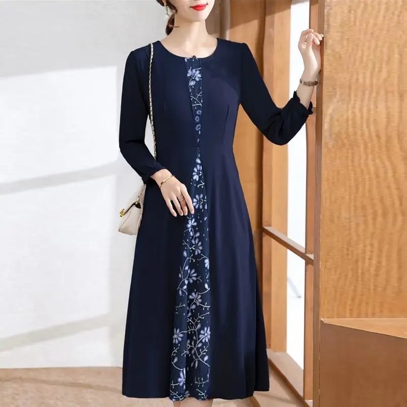 Women\'s Clothing Lace Patchwork Dresses Elegant A-Line Waist Spring Autumn Long Sleeve Commute Solid Color Round Neck Midi Dress