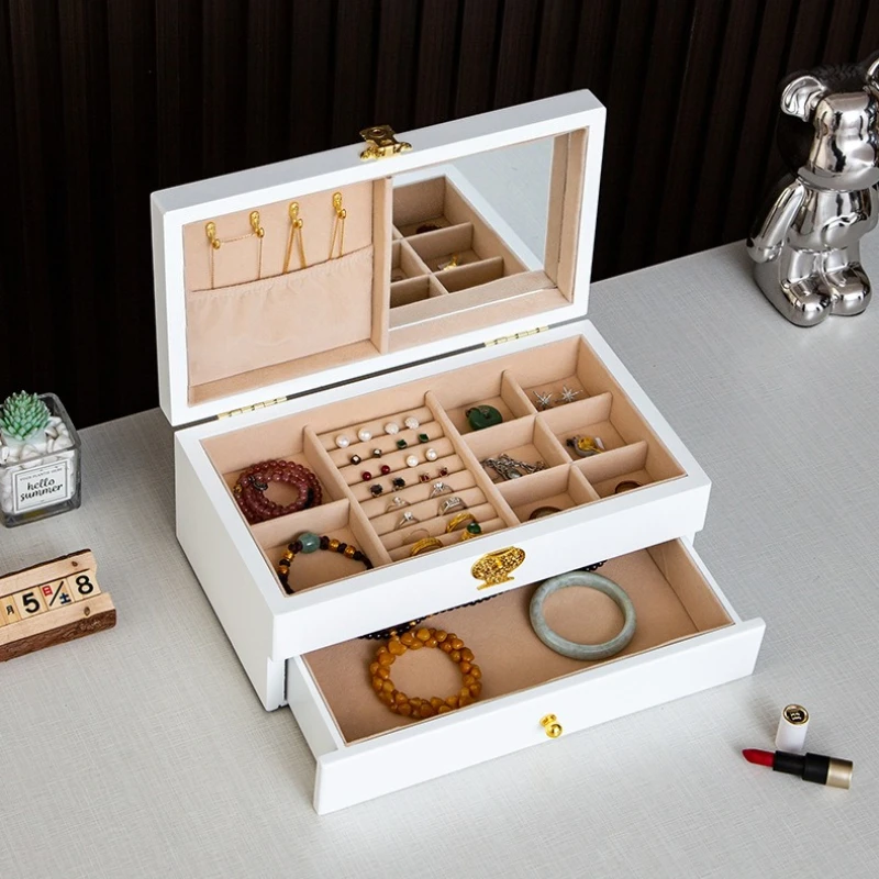 

Solid Wood Jewelry Box Luxury Bracelet Storage Boxes Earring Necklace Mirror Display Case Women Jewellery Organizer Supplies