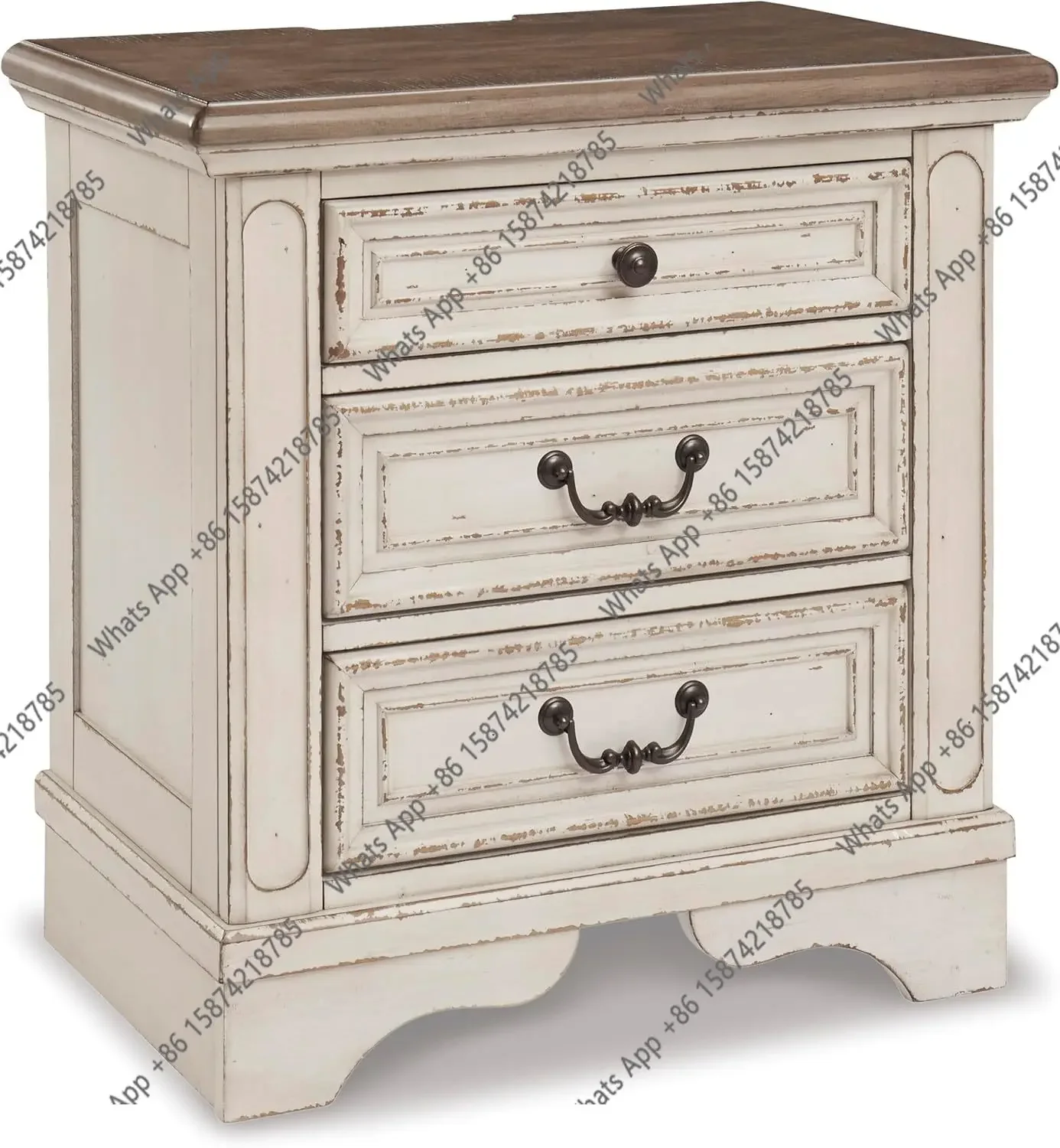 NM AZ Realyn French Country 3 Drawer Nightstand with Electrical Outlets & USB Ports, 27.75