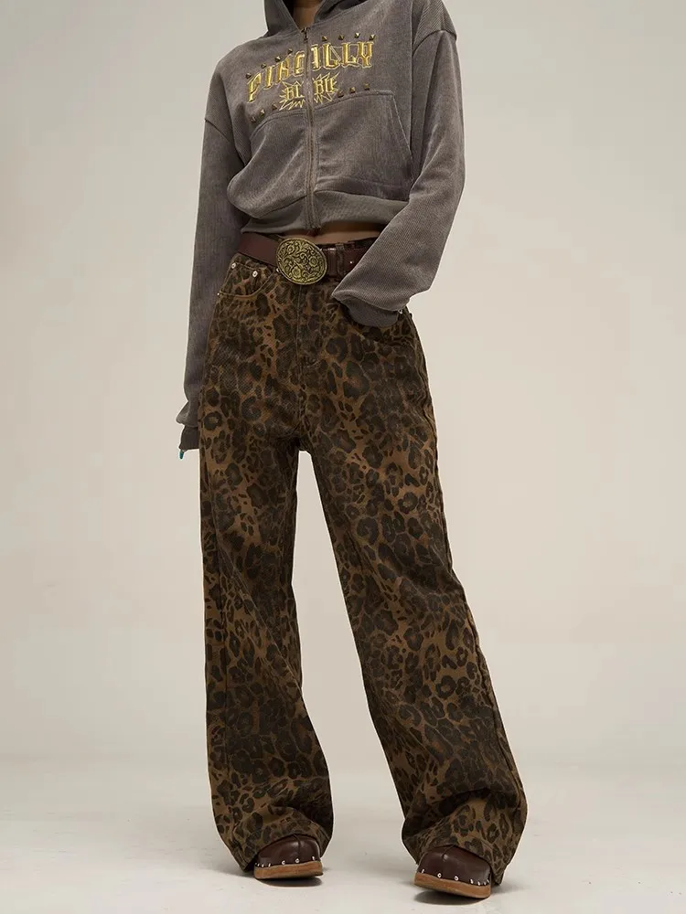 WCFCX STUDIO Tan Leopard Jeans Women Denim Pants Female Wide Leg Trousers Streetwear Hip Hop Vintage Clothes Loose Casual Pants