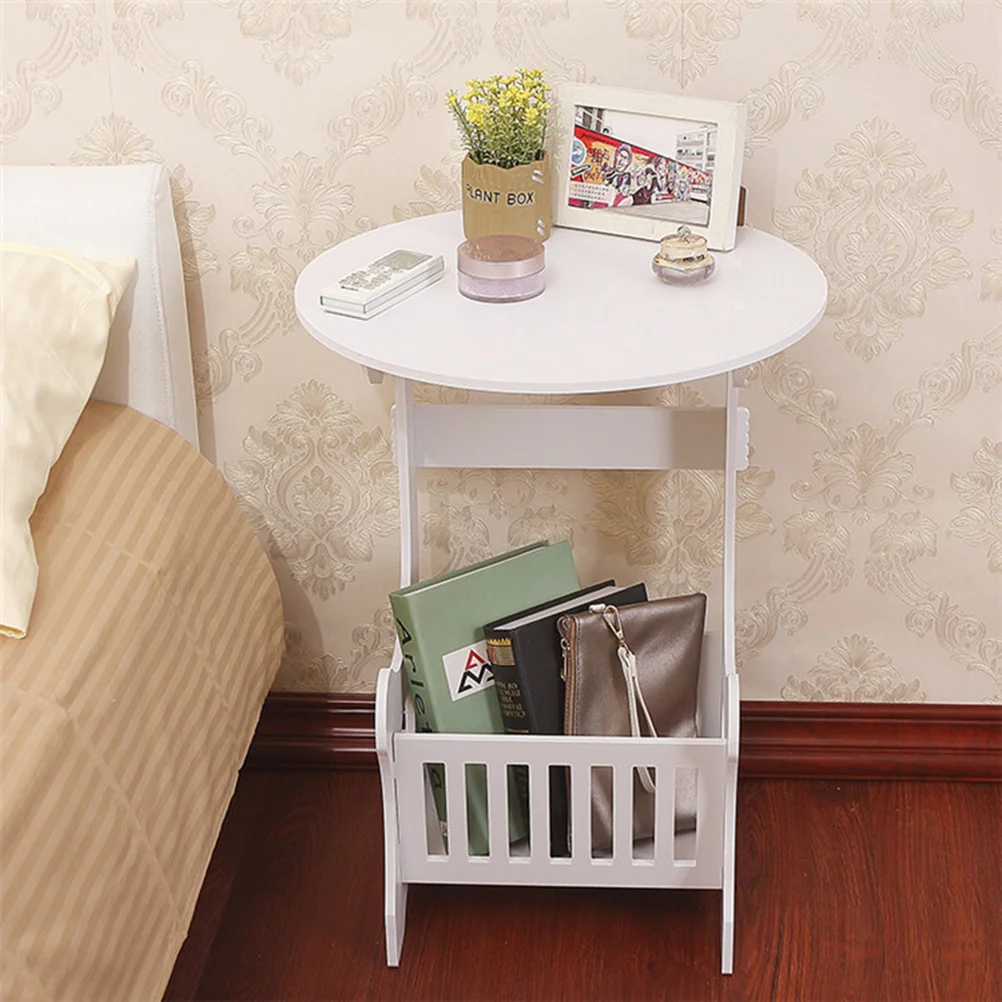 

Mini Round Coffee Table White Small Modern Side Table Sofa Bed End Tables Magazine Rack Storage Basket for Bedroom Living Room