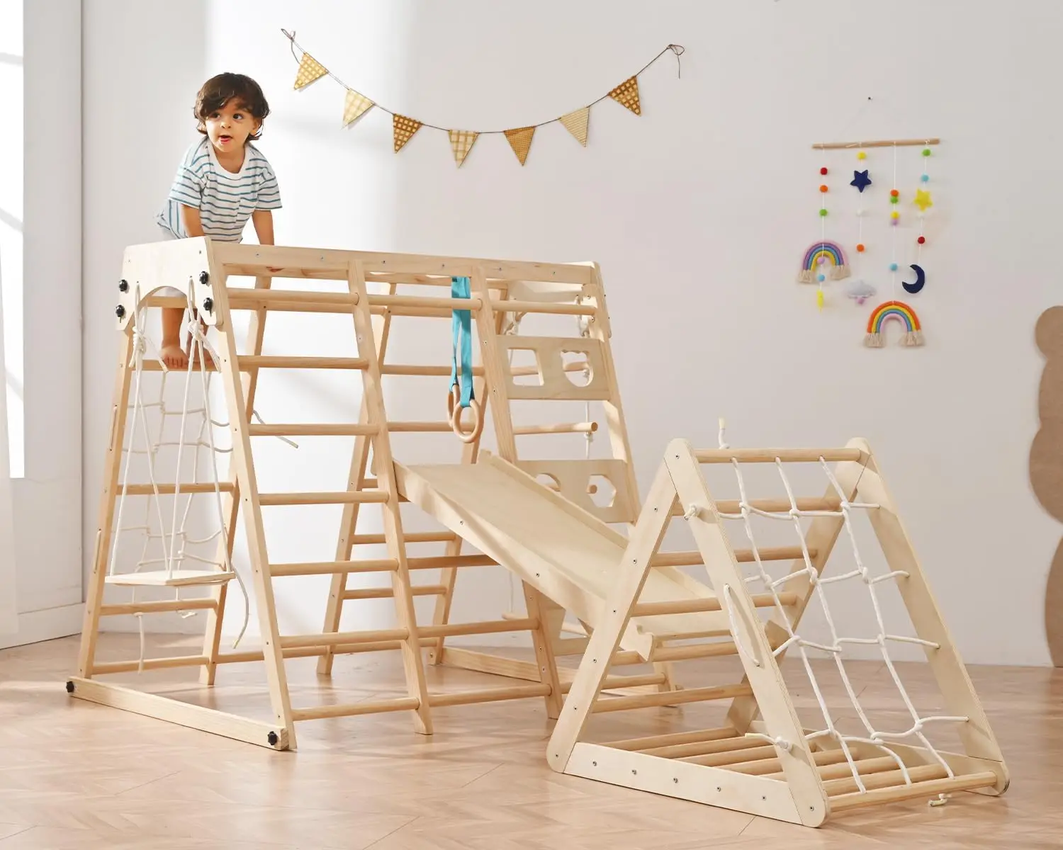 12-in-1 speeltuin voor peuters - Opvouwbare kinderklimset met glijbaan, rots/net, aapbarren, tekentafel, schommel- en plukkerset