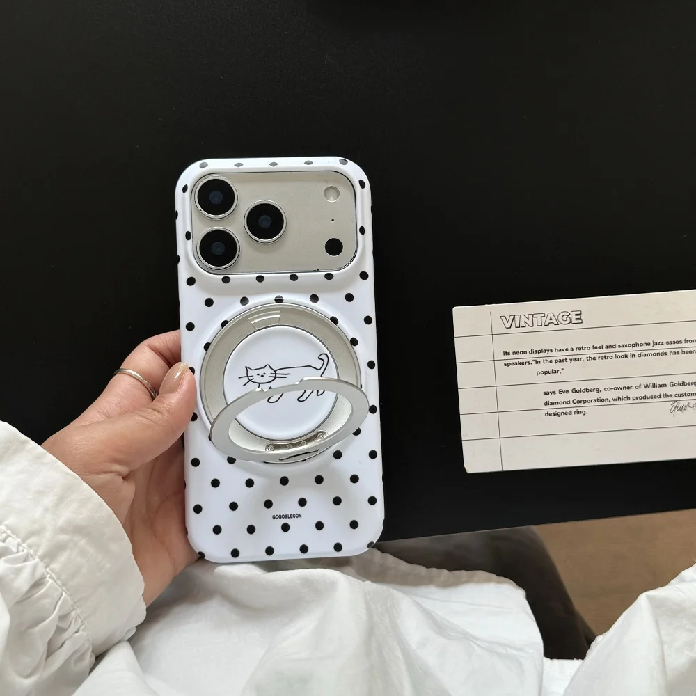 Cute Black Polka Dot Case For iPhone 15 16 17 Pro Max With Rotating Magnetic Holder Minimalist Line Cat Print Shockproof Cover