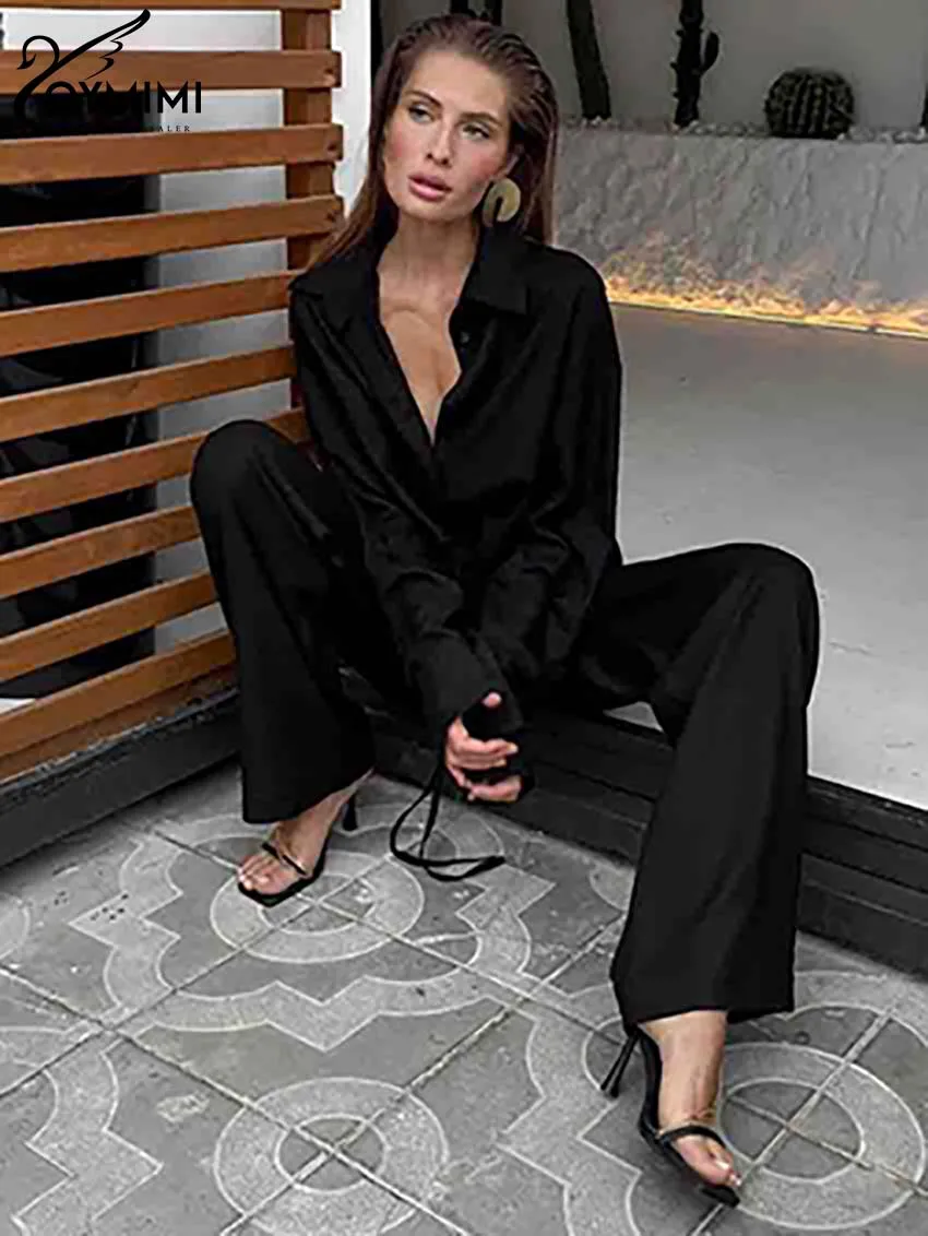 Oymimi Fashion Black Cotton Women 2 Piece Set Outfit Elegant Long Sleeve Button Crop Shirts And Drawstring Straight Pants Sets