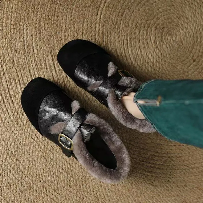 

Women's Fashion Flat Cotton Boots Winter New Round Head Splicing Metal Buckle Soft Sole Non-slip Low-top Shoes