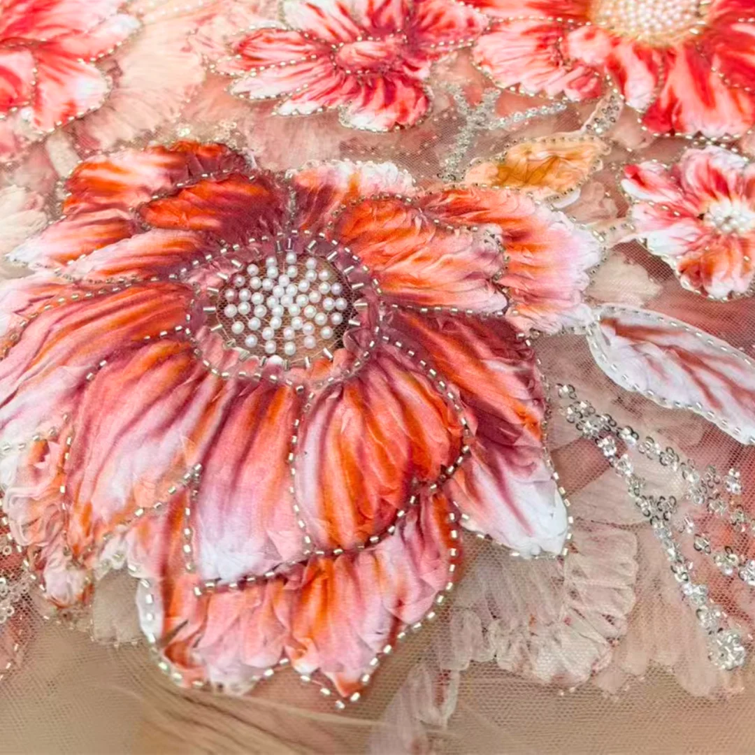 Newest Large Floral Ruffle Branch Embroidered Tulle Lace 3D Beaded Sequins African Nigerian Lace Fabric for Party Dresses 5Yards