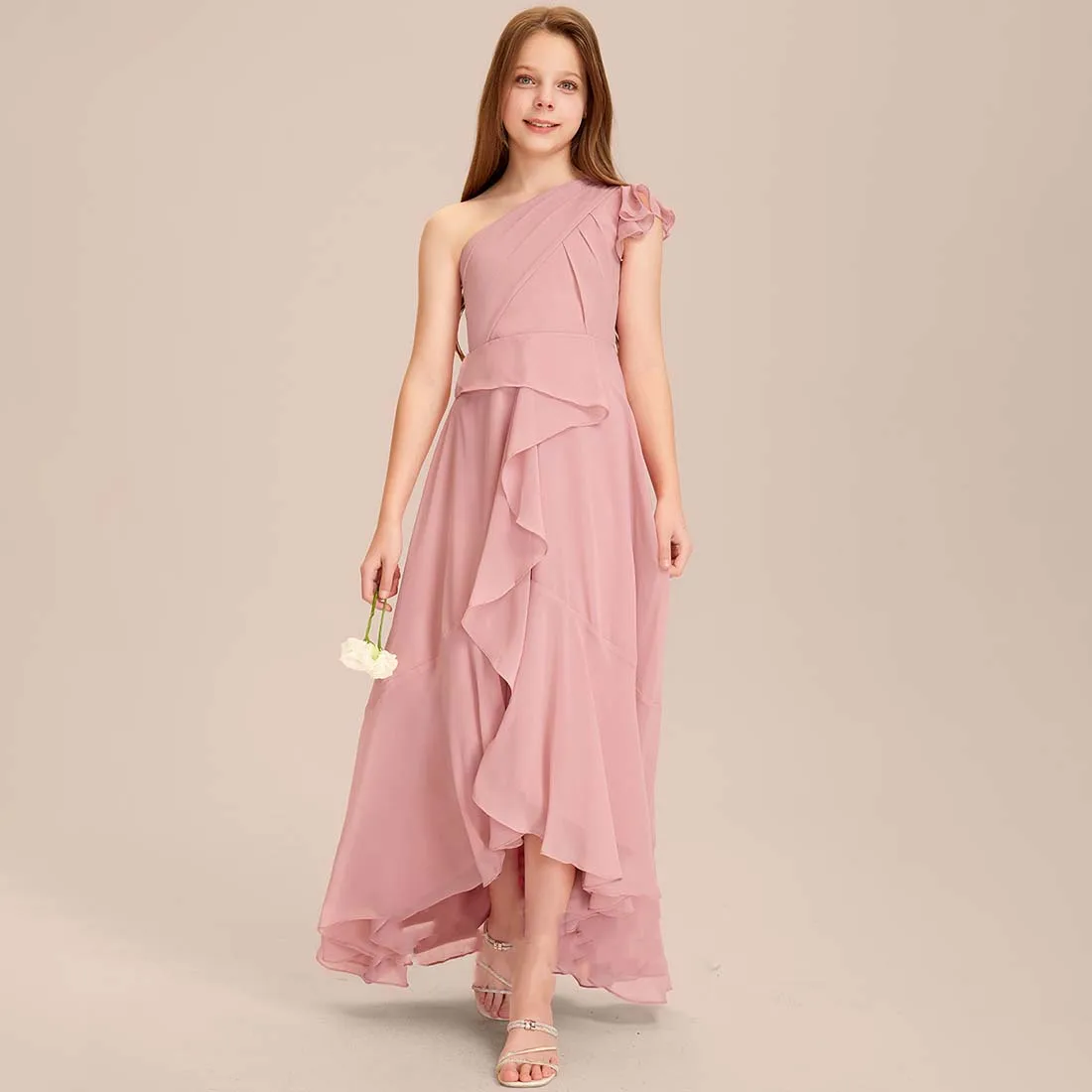 

YZYmanualroom Chiffon Junior Bridesmaid Dress With Cascading Ruffles A-line One Shoulder Asymmetrical 2-15T