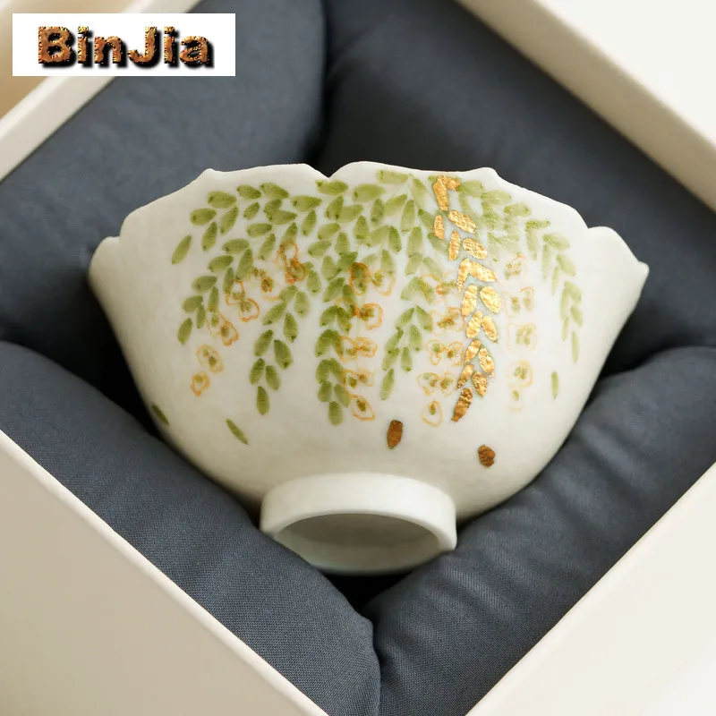 50 مللي رش الذهب رسمت باليد زهرة الوستارية فنجان الشاي زن وعاء الشاي القدح الشاي تذوق العطر كوب تشازان ماستر أكواب طقم شاي #4