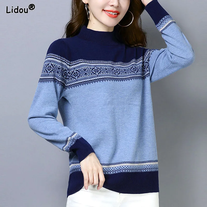 

T-Shirts Solid Loose Women's Clothing 2022 Straight Geometric Round Neck Patchwork Autumn Winter Thin Pullovers Casual Graphic