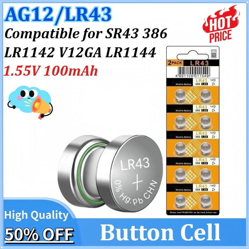 

Newly 5-100PCS AG12 LR43 1.55V 100mAh Lithium Button Cell SR43 386 LR1142 V12GA Coin Cell for Watches Toys Remotes Calculator