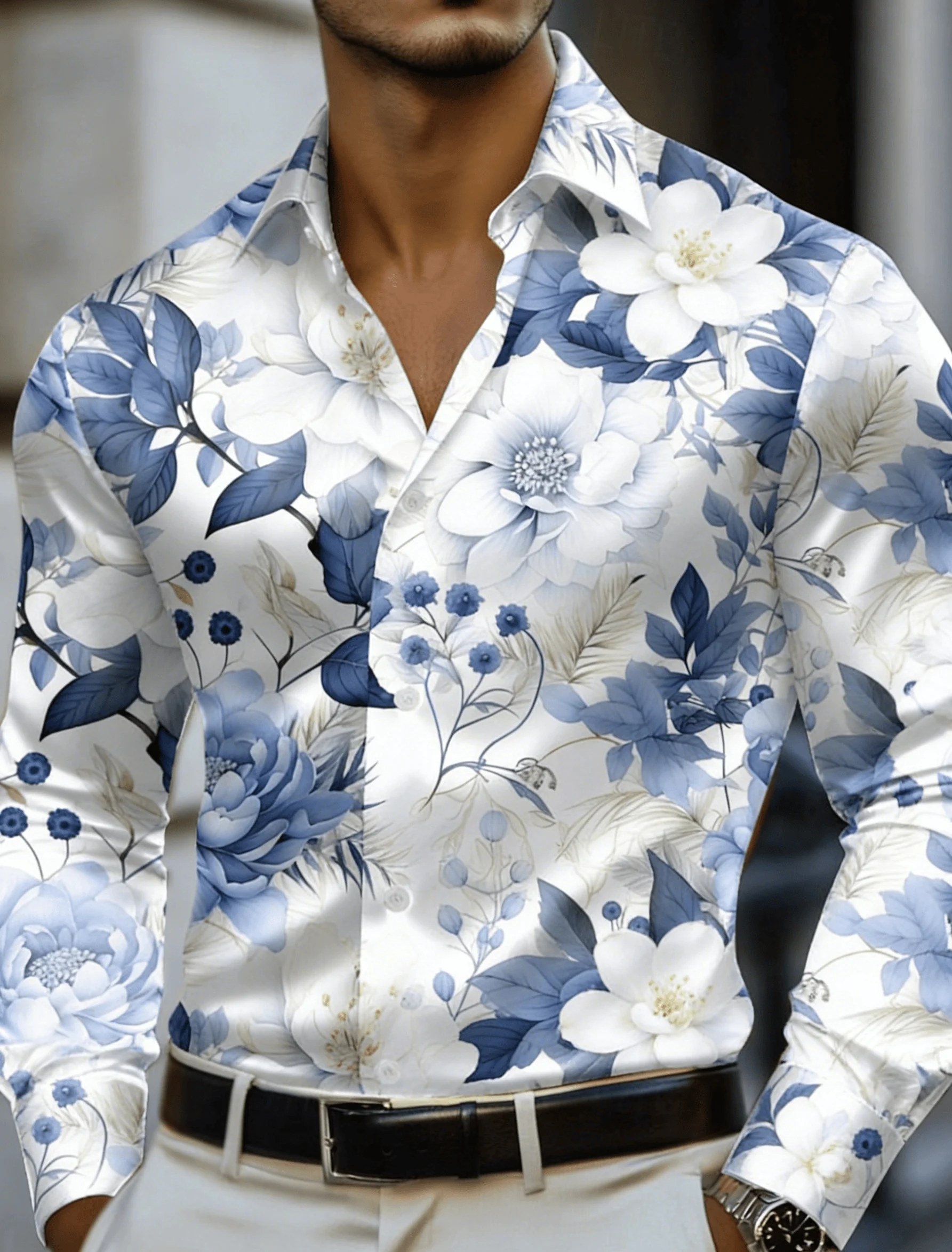 

Men's Blue Floral Print Long Sleeve Shirt Spring Summer Turn-Down Collar Casual Blouse
