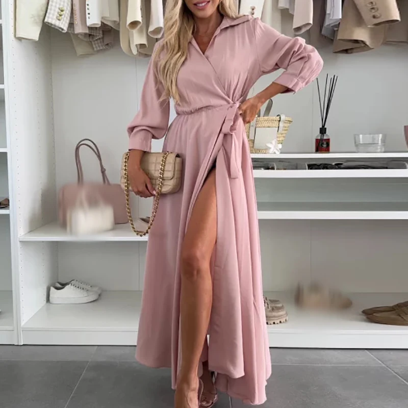 

Повседневное платье с карманами и высокой талией, простое длинное платье с драпировкой для путешествий, женское новое однотонное платье-кардиган с длинными рукавами и завязками