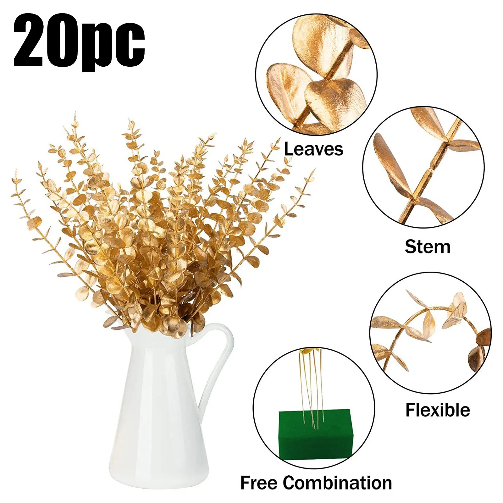 

20 Pcs Gold Stems Artificial Leaves Decor Branches With Leaves 15 Inch Faux Stem For Vase Wedding Artificial Flowers Roses