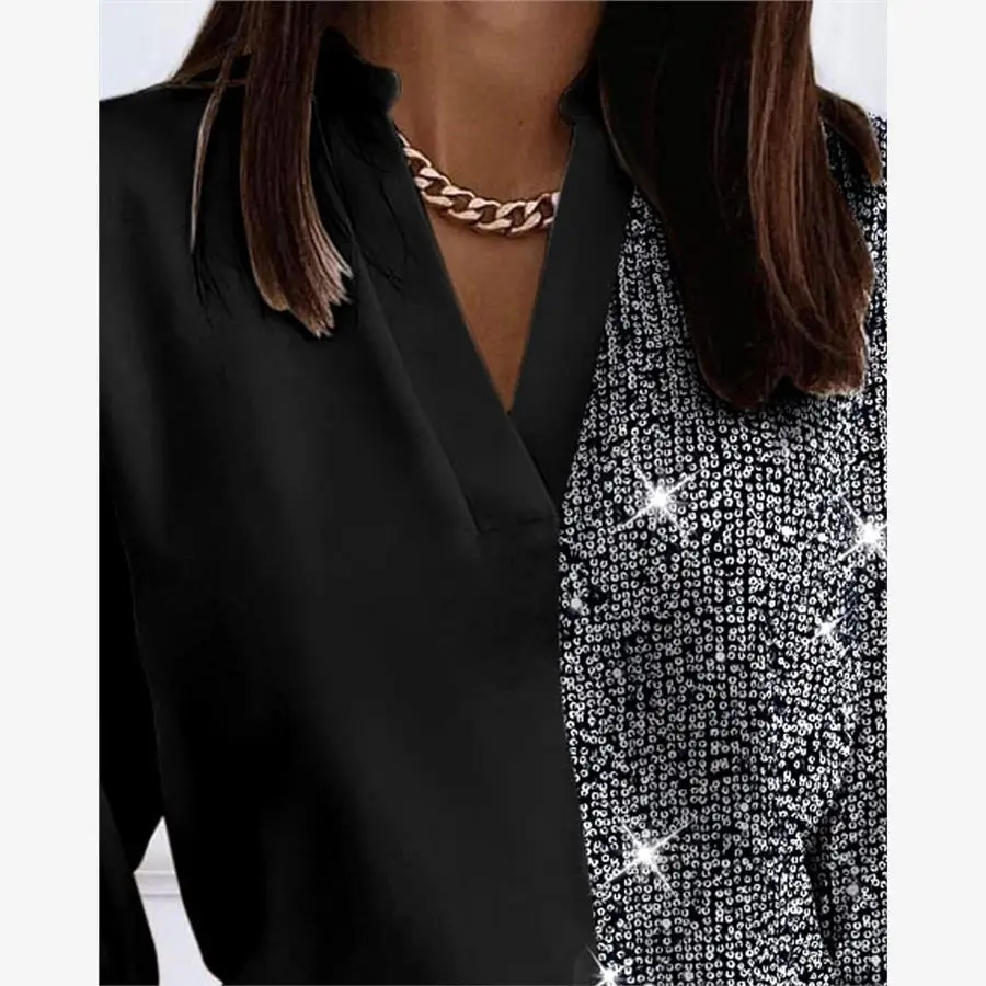 Długa damska sukienka z cekinami, patchworkowa, błyszcząca, w stylu streetwear, z dekoltem w serek, luźny krój, poliester, codzienna, modna sukienka.