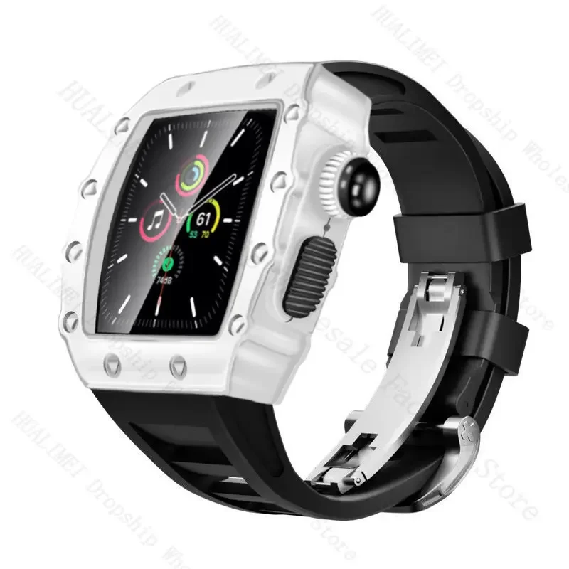 Metal Case For Apple Watch 45mm 44mm 41mm 40mm Men Diy Modification Kit Rubber Band Strap For iWatch Series 8 7 6 SE 5 4 Mod Kit