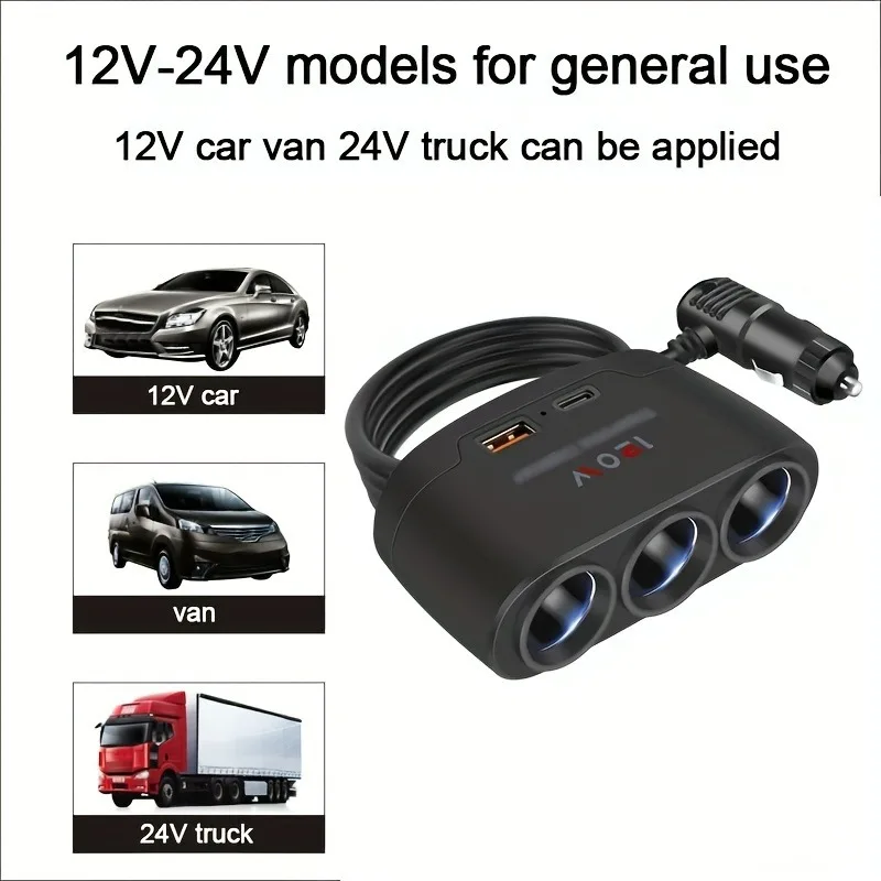 120W 3 in 1 USB PD Socket Car Cigarette Lighter Splitter 12V 24V Fast Charger Plug Phone Power Adapter For Car DVR GPS Dashcam