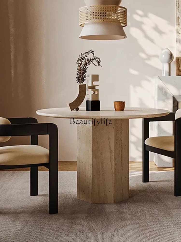 

ld25 Wabi Sansan natural travertine dining table round luxury stone marble high-end medieval reception table