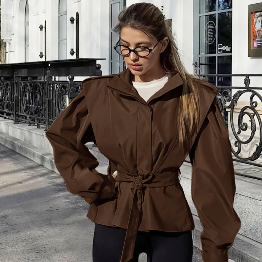

Linad Street Chic хаки бандажные куртки для женщин осень-зима элегантные пальто с воротником-стойкой 2025 повседневная верхняя одежда с длинными рукавами
