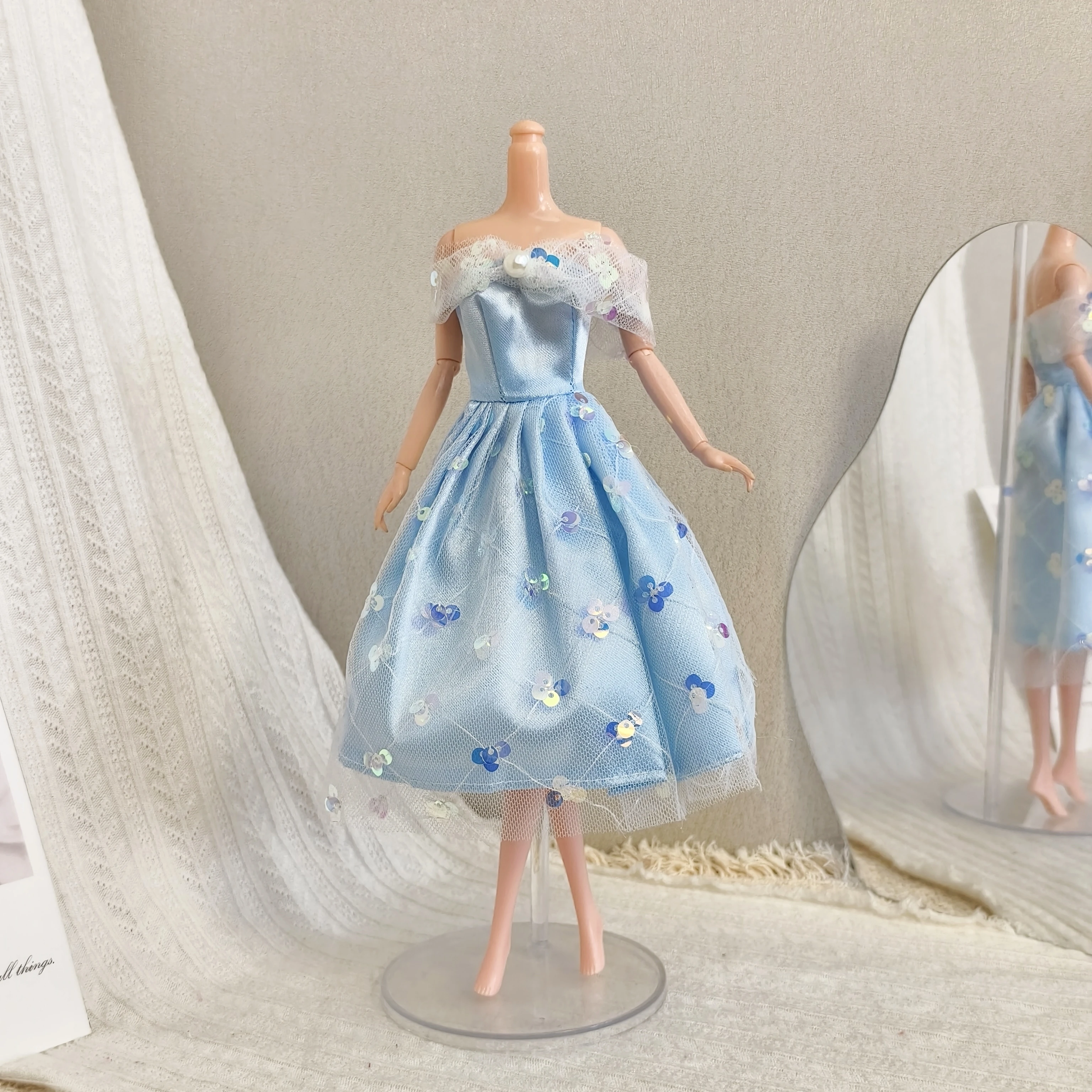 1/6 Doll Clothes Parts Sweet Blue Princess Dress Elegant Off-the-shoulder Sequin Evening Gown For 30cm Babi Supermodel Doll