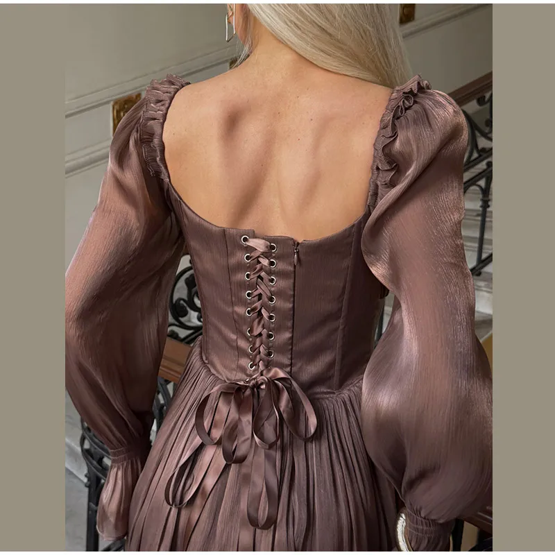 Solid Ruffle Mini Dress U Neck Long Puff Sleeve Tie Neck Tiered Hem Sweet Style Gown Soft Pastel Tones Fashion Chic Women Outfit