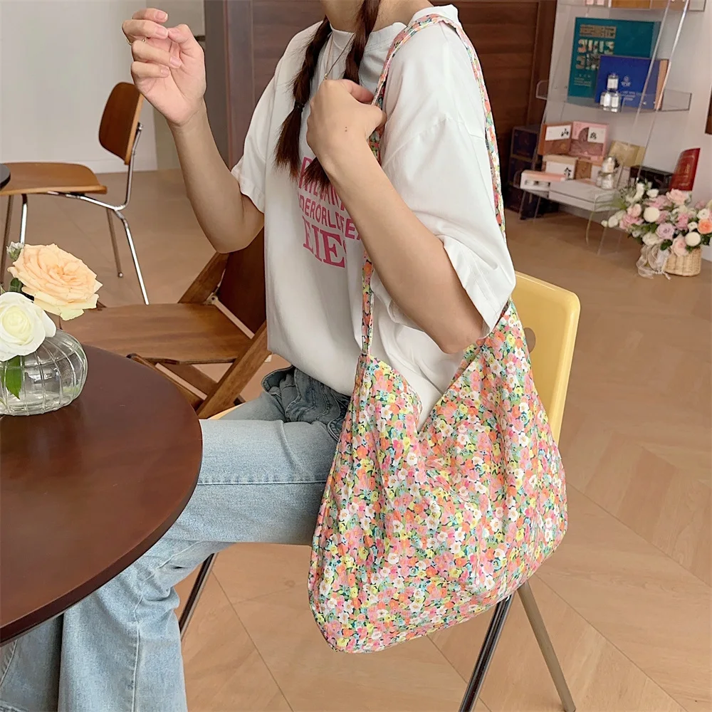 Vintage Flower Women\'s Cotton Shoulder Bag Large Capacity Ladies Floral Shopping Bags Casual Travel Tote Girls Book Handbags