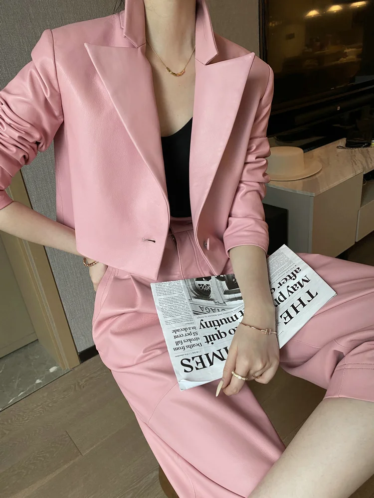 High Street Pink Genuine Leather Jacket Pants Two Piece Set Office Ladies Sheepskin Suit Short Coat Wide Leg Pants Matching Sets