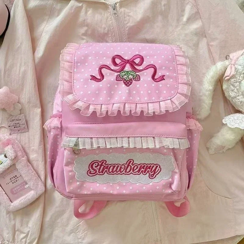 

Japanese Y2K Lolita Backpack Harajuku Sweet Pink Strawberry Bow Embroidered Lace Bag Kawaii Casual Waterproof Nylon Backpack.
