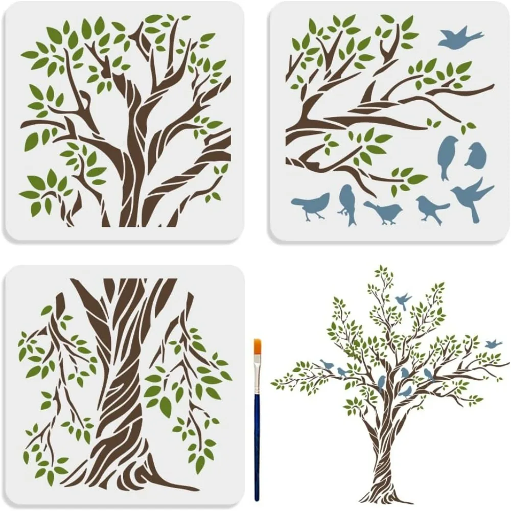 3pcs Large Tree Bird Branch Stencils 30.8×30.8inch Splice Size Bird On Tree Branch Template with Paint Brush 11.8×11.8inch