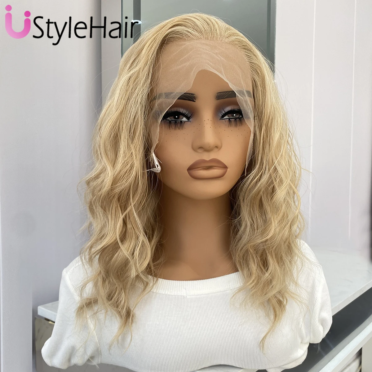 UStyleHair Mix Blonde Short Wave Lace Wig Heat Resistant Synthetic Lace Front Natural Hairline Daily Wear Cosplay Wigs for Women