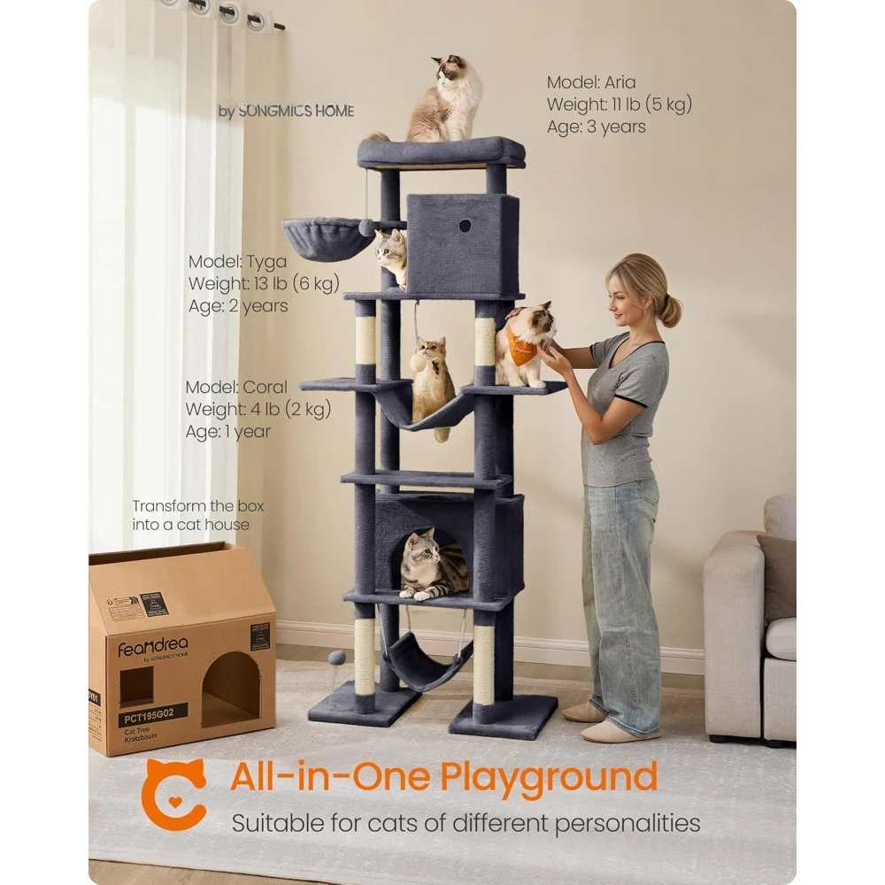 79.1-inch high indoor cat tower, multi story large cat apartment with 4 scratching posts, 2 hammocks, 2 cat holes