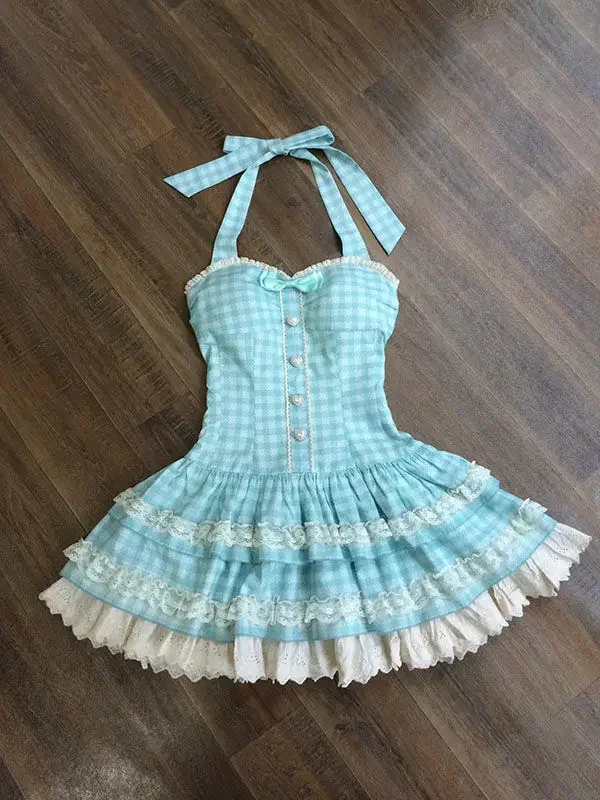 فستان بحزام تنحيف منقوش باللون الأزرق بعقدة على شكل فراشة حلوة للطالبات، تنورة قصيرة برقبة على شكل حرف V، طول الأكمام الكاملة، أصل صيني #1