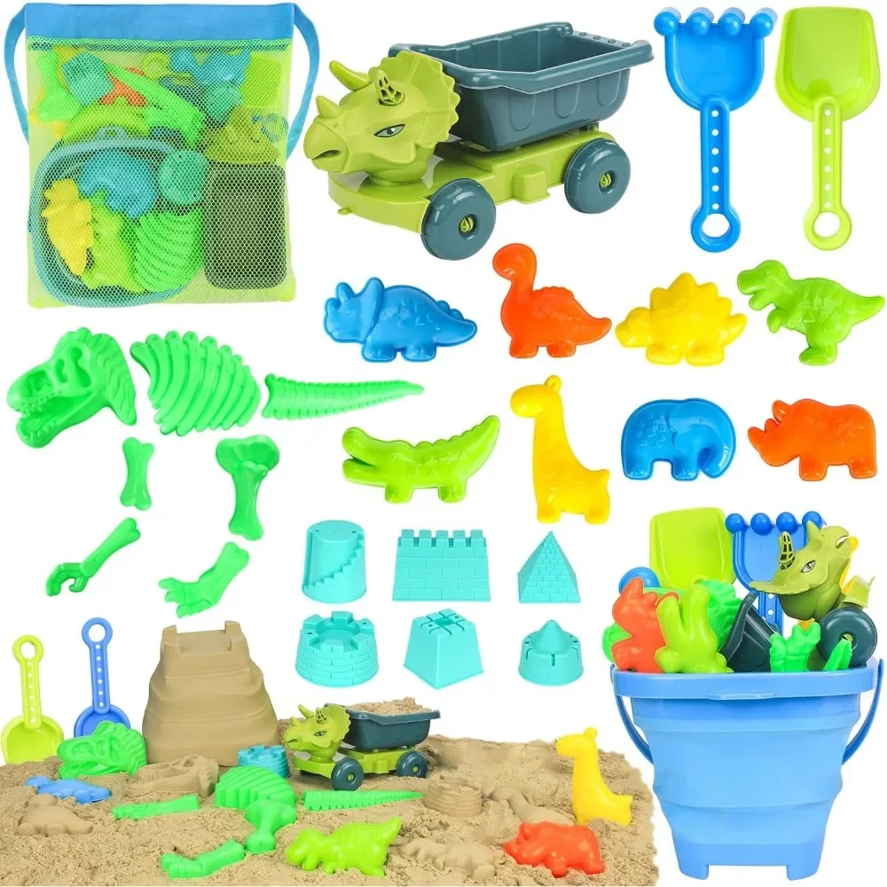 Beach Toys Dinosaur Sand Toys with Dump Truck Collapsible Bucket Shovel Mesh Bag Animal Sand Molds Castle Sandbox for Toddlers