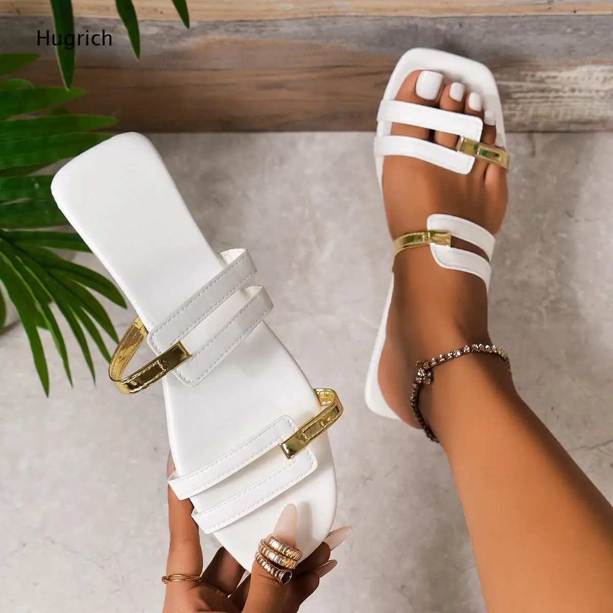 Neon Solid Color Two Strap Flat Slide Metallic Bar Detail Slip On Design Ideal for Causal Walks and Street