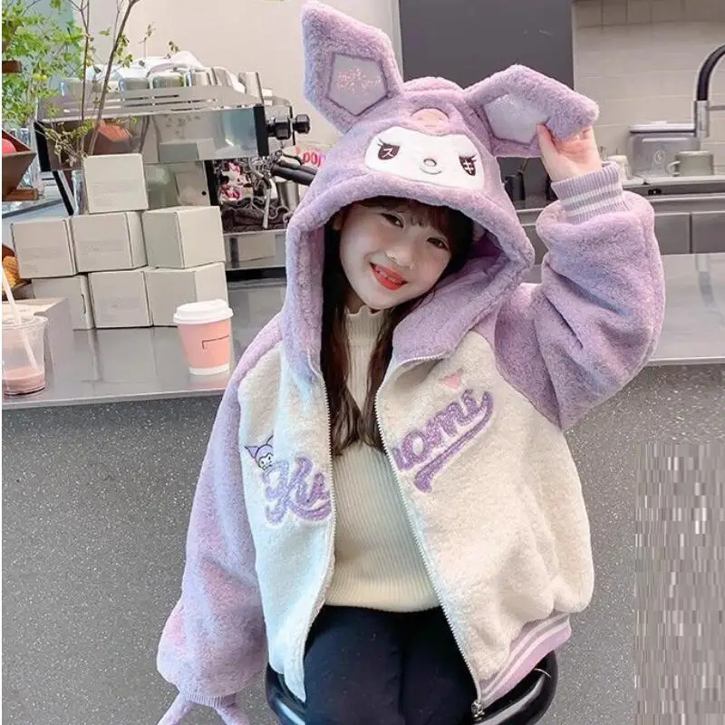 

Hot Sanrio Kuromi Child Coat Girl Winter Thicken Keep Warm Tops Hoodie Student Kawaii Anime Cartoon Fashion New Casual Clothing