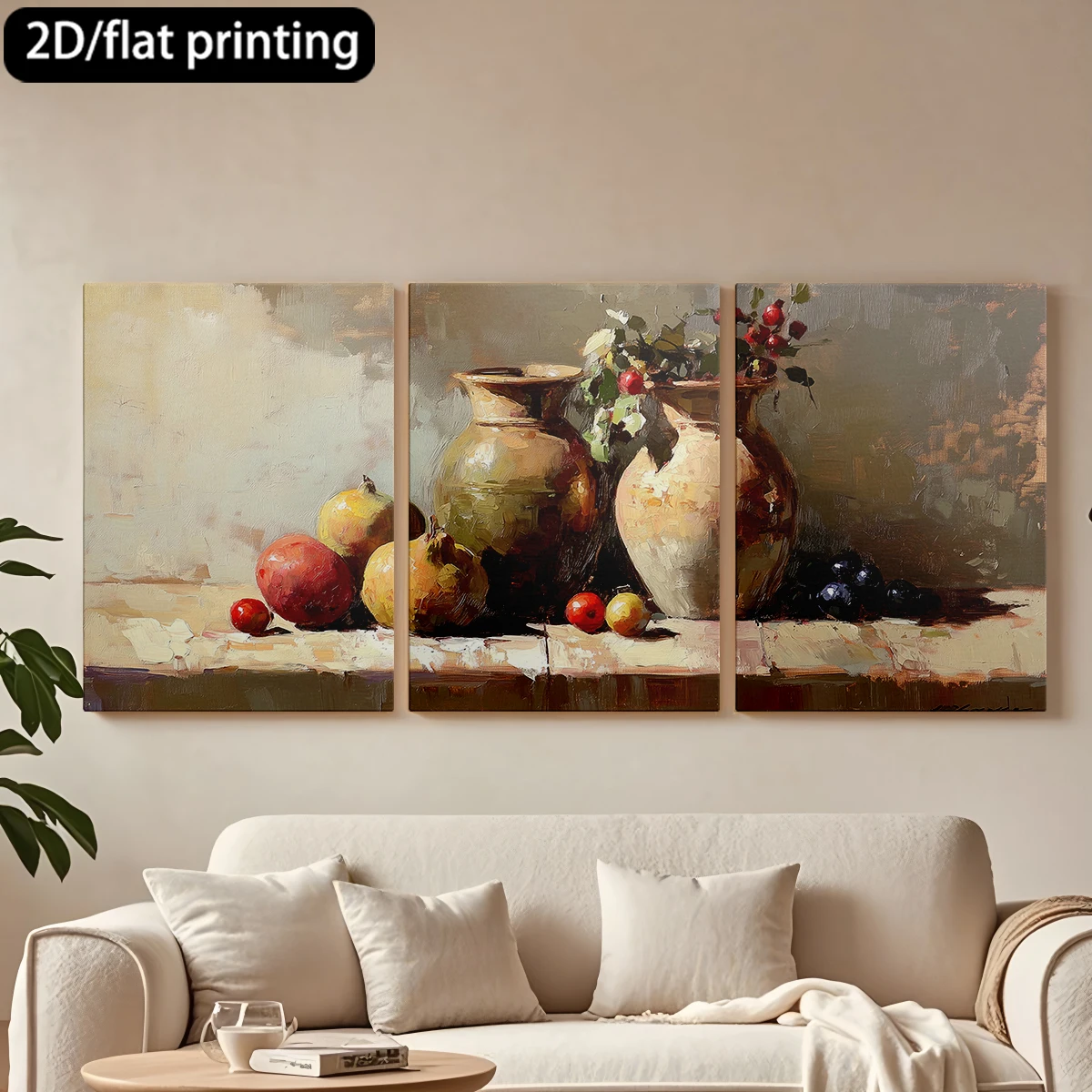 

2D плоская печать, набор из 3 картин на холсте в деревянных рамах, декоративная живопись, натюрморт: вазы с фруктами. Декор для коридора и спальни.