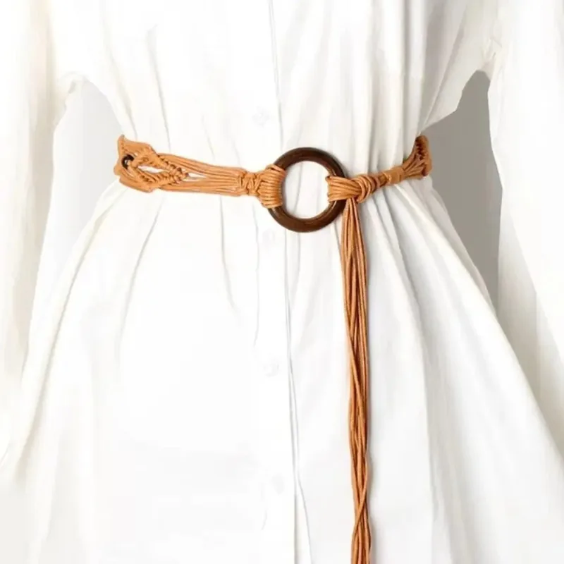 Wax Rope Female Waist Rope Bohemian Style Wood Bead Decors Dress Waistband Handmade with Tassels Ethnic Style Waist Chain