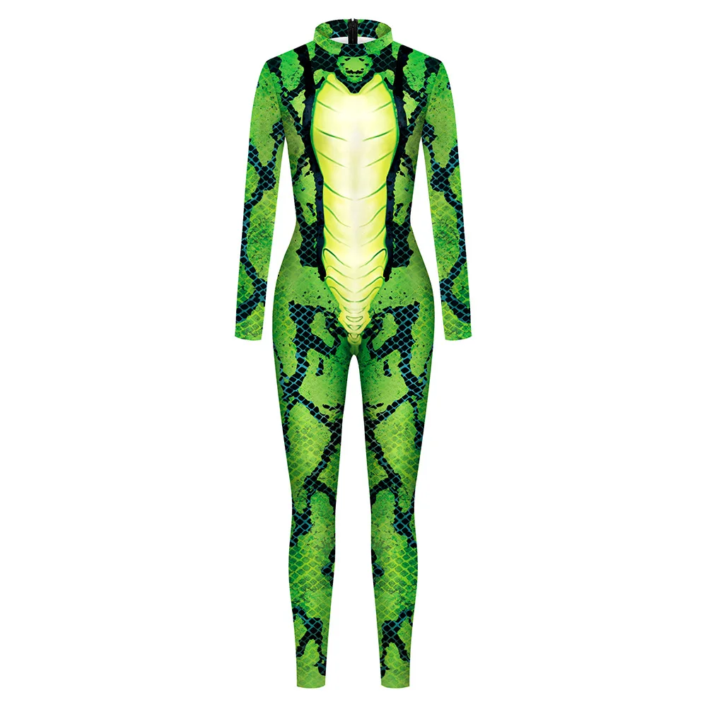 Women Fashion Novelty Green Python Splicing Print Jumpsuit Bodysuit Halloween Cosplay Show Costume Sexy Tights Zentai Tracksuit