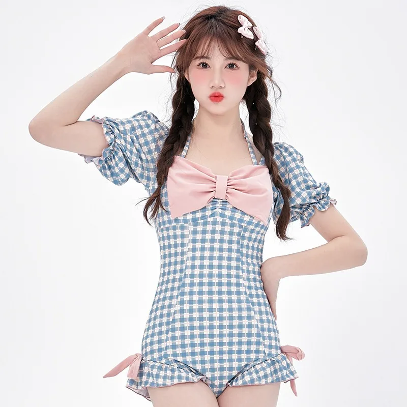 New plaid cute short-sleeved belly cover and thin straps backless girl hot spring one-piece swimsuit woman