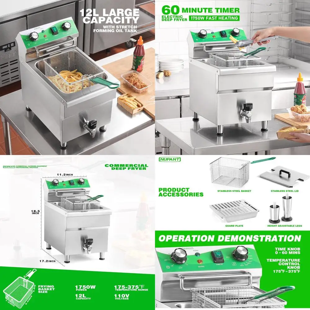 

Stainless Steel Electric Deep Fryer, 110V/1750W, with Basket, Lid, and Oil Filtration for Home and Restaurant Use