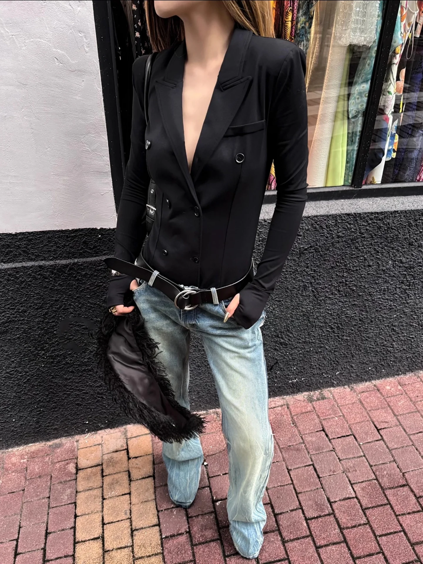 

Slim Fit Knitted Suit Onesie Deep V Neck Double Breasted Elastic Design Black Sexy Girl Design Long Pants High Waist