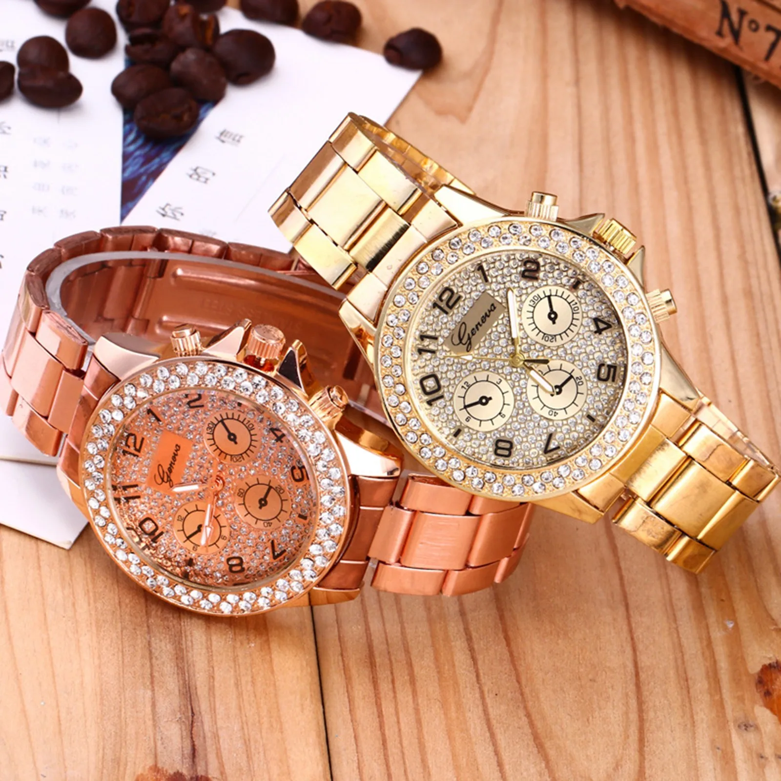 Women’S Fashion Luxury Quartz Wristwatch Diamond Inlaid Arabic Numeral Dial Gold Plated Stainless Steel Watch Ladies Watch Gift