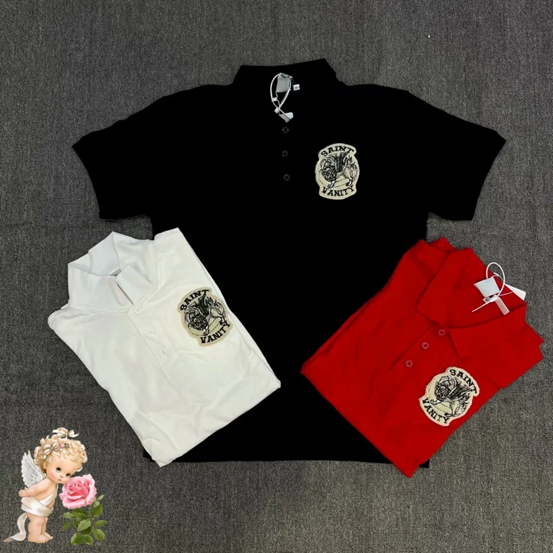

Embroidery Patch Label Saint Vanity Polo Shirt Black White Red Lapel T Shirt Men Women High Quality Casual Office Commuter Tops